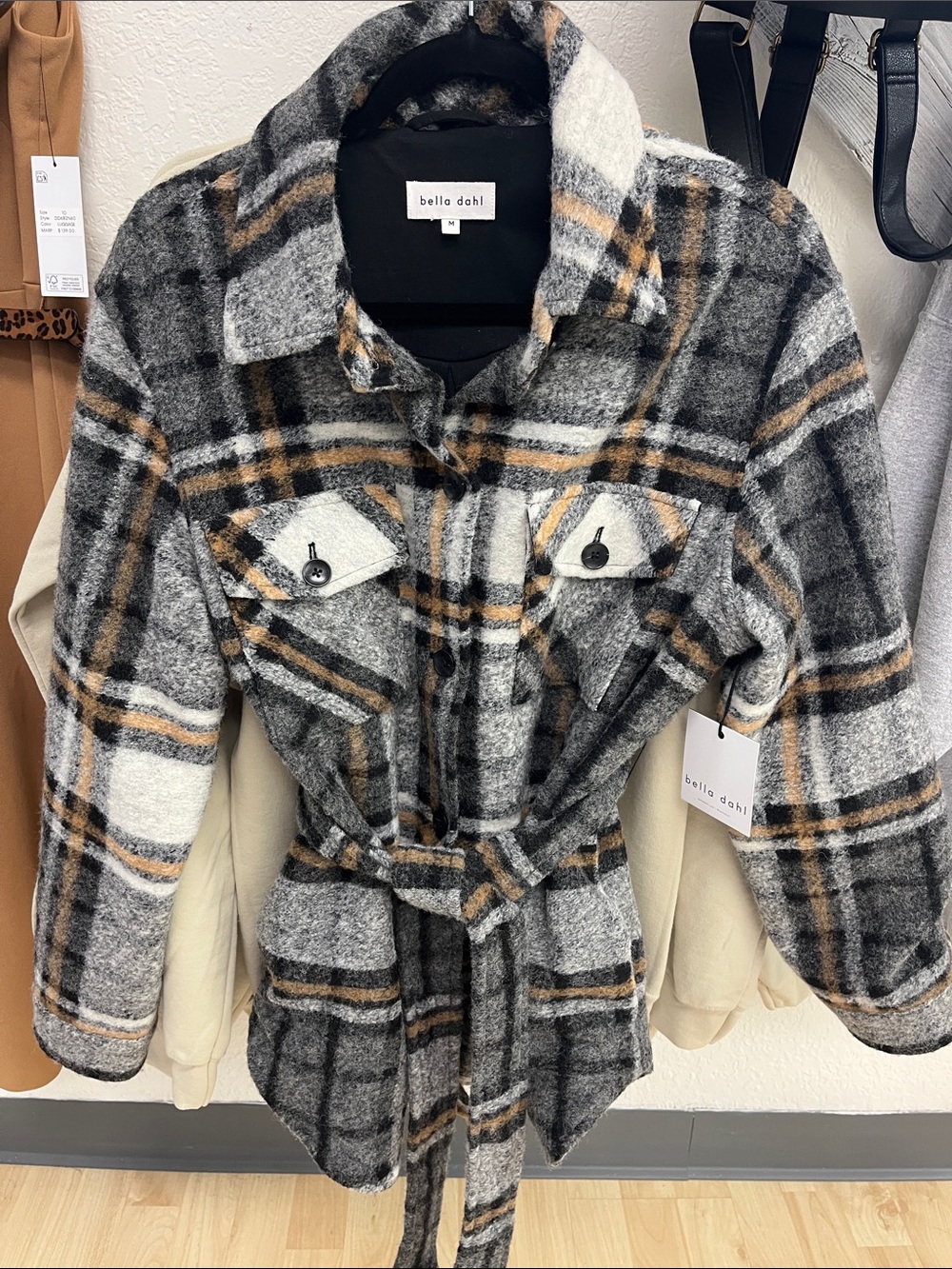 NWT Bella Dahl Black Gray Cream Plaid Belted Shacket